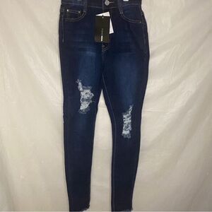 Fashion Nova Dark Wash Distressed Jeans Size 1